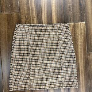 Hesperus S Plaid Tan Brown Houndstooth Mini Skirt Elastic Waist y2k Fall Preppy